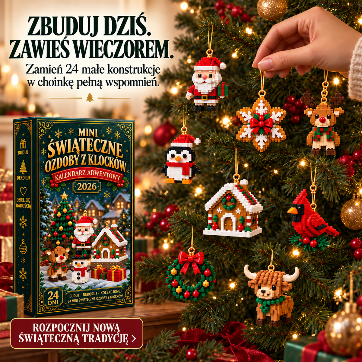🎄🧱 Zbuduj i zawieś świąteczny kalendarz odliczający dni – 24 miniaturowe ozdoby z klocków