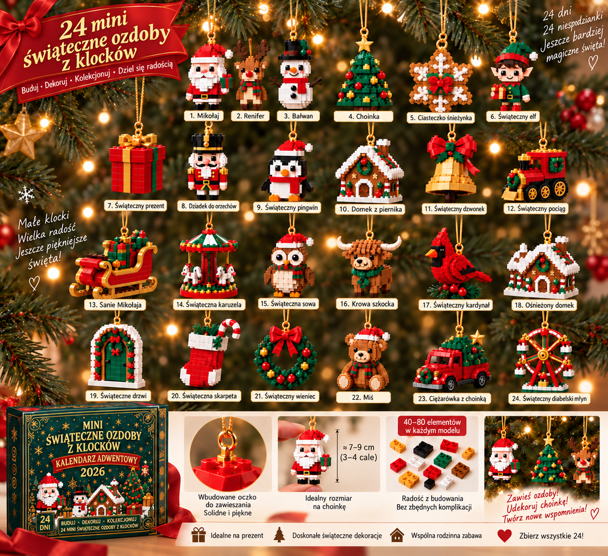 🎄🧱 Zbuduj i zawieś świąteczny kalendarz odliczający dni – 24 miniaturowe ozdoby z klocków